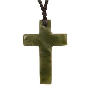 Maori Carved New Zealand Nephrite Jade Cross Pendant Necklace